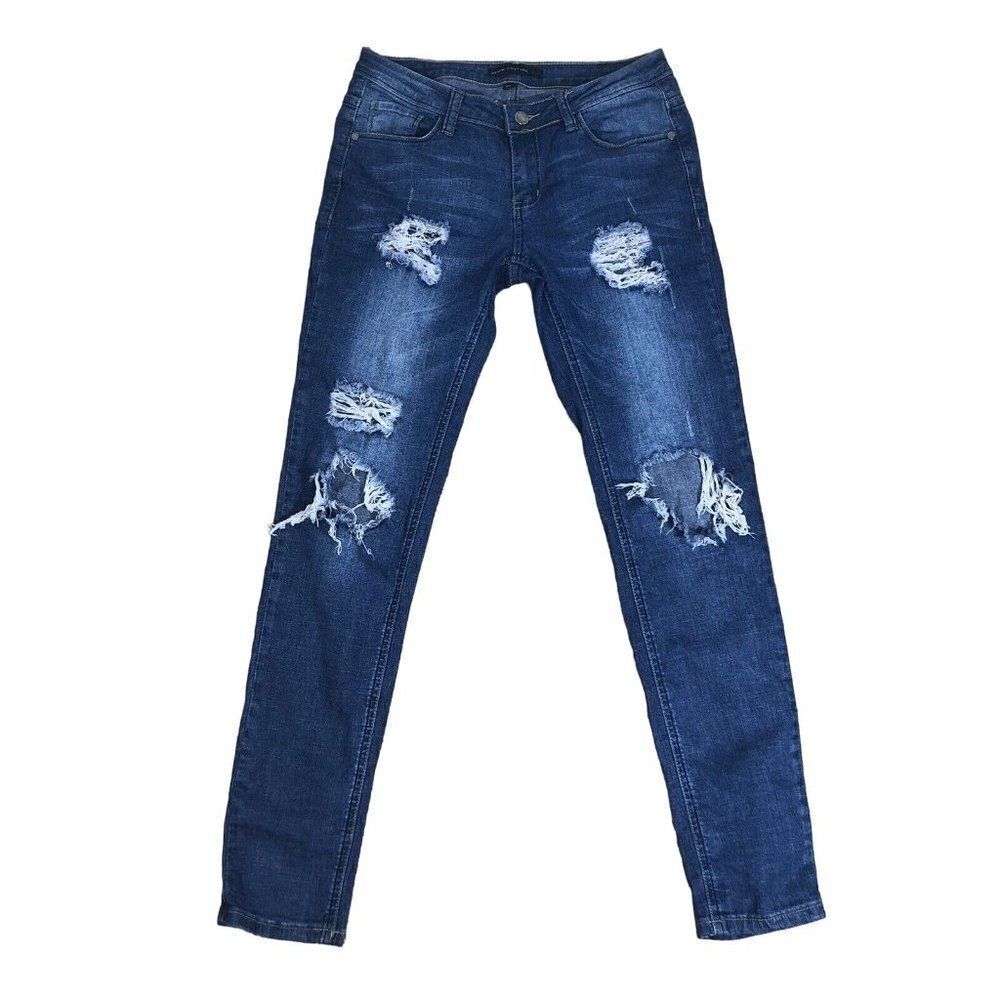 Denim Couture Red Mid Rise Distressed Blue Jeans Size 5 28X29 Skinny Frayed Rock